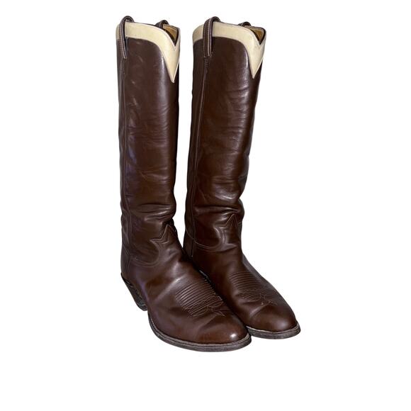 Vintage Tony lama tall shaft brown leather cowboy western boots ivory trim sz 9